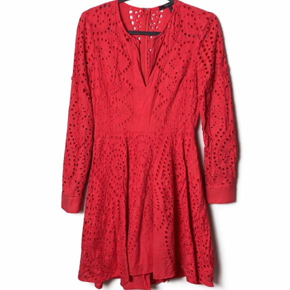 BCBGMaxAzria Eyelet Embroidery Cotton Dress M Rococo Red.  Fit and Flare - Picture 3 of 12